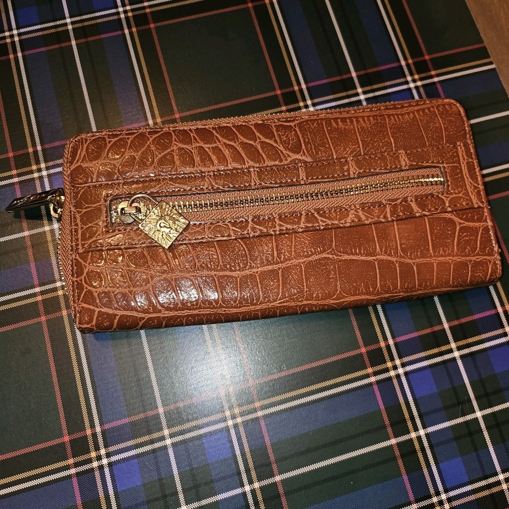 ANNE KLEIN Cognac Brown Crocodile Embossed Leather Zip Around Ladies Wallet